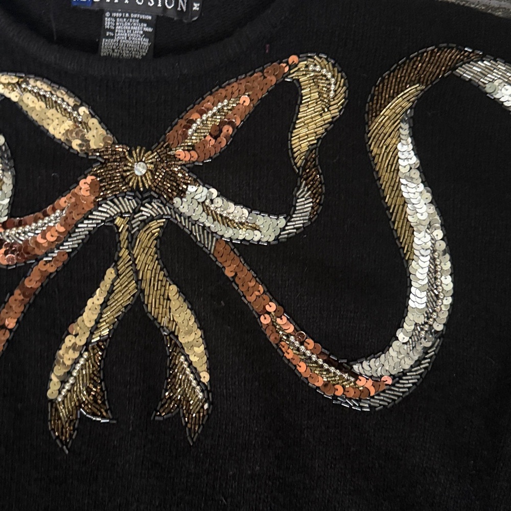 Vintage I.B. Diffusion Beaded Sequin Bow Angora Silk Lambswool Sweater Crewneck - Picture 3 of 6